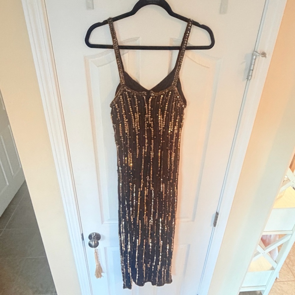 Vintage Gold and Black Beaded Maxi Dress Medium 100% Silk